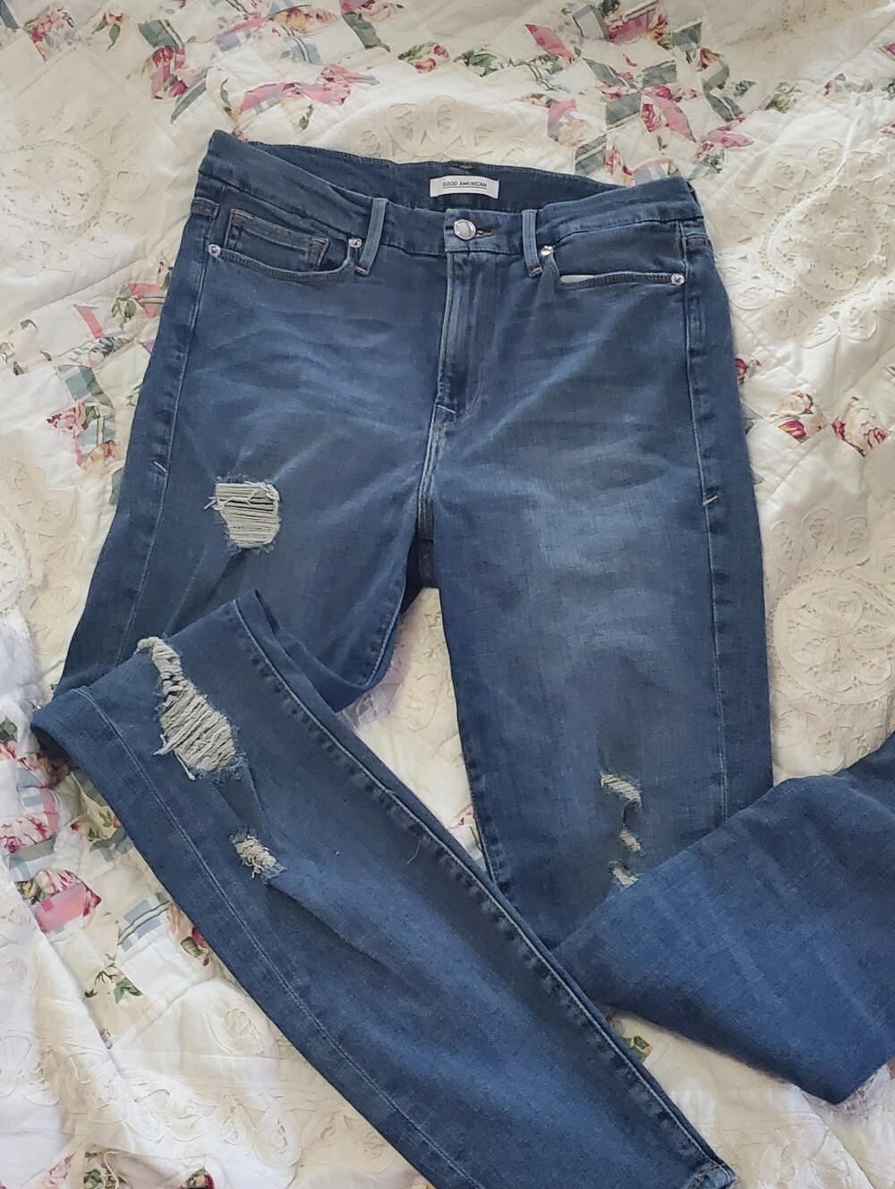 Good American Good Waist Dark Blue Skinny Distressed Jeans